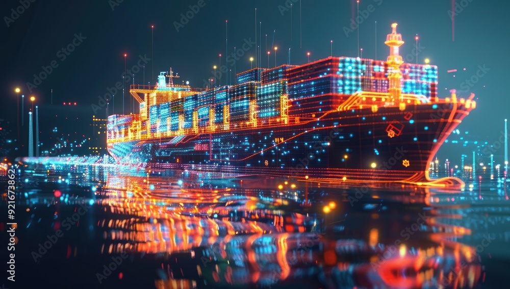 Obraz premium Digital Cargo Ship with Neon Lights