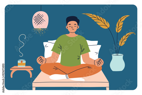 Man meditating in bed, a peaceful morning routine vector illustration. The flat, cartoon style design, a cozy boho bedroom with aroma candle, tranquility and self care before sleeping, bedtime habits