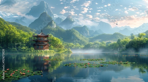 Lotus Mountain, Lake, Flying Beast, Pavilion, Bamboo, photo