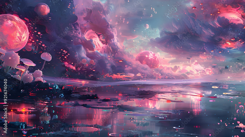 Obraz premium Fantasy Landscape with Mushrooms and Planets - Digital Illustration