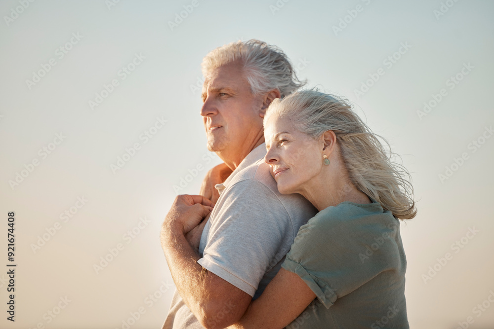 Relax, beach and senior couple hug with love, care and support for anniversary holiday or date outdoor. Sea, calm and commitment of elderly people with retirement and space on vacation in Greece Relax, beach and senior couple hug with love, care and support for anniversary holiday or date outdoor. Sea, calm and commitment of elderly people with retirement and space on vacation in Greece