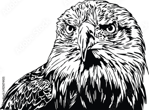 Black and white line drawing of an eagle's head facing forward, with its eyes focused and intense. 