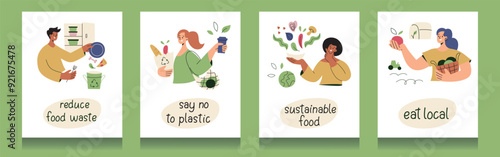 Set of four sustainable food posters with hand lettering on green background. Flat vector illustrations of people in cartoon style. Eco friendly, healthy eating, zero waste concept, local produce