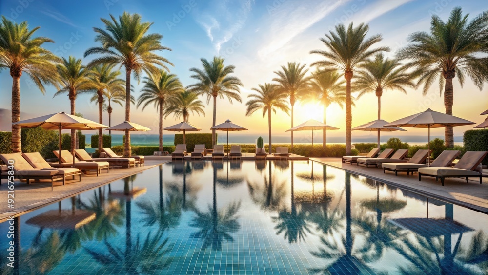 Fototapeta premium Luxury hotel poolside with palm trees and sun loungers, luxury, hotel, poolside, palm trees, sun loungers, relaxation