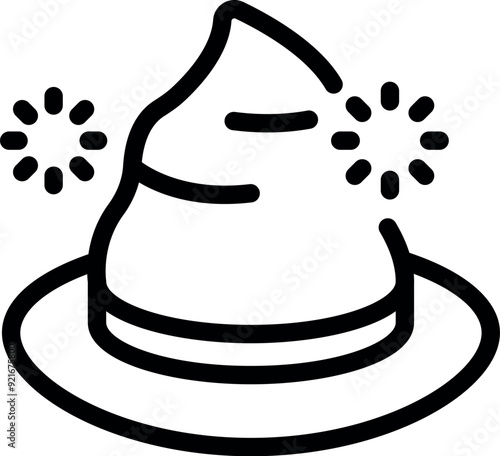 Simple line drawing of a witch or wizard's hat with sparkles, suggesting casting a magic spell