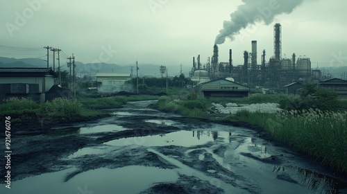 Japanese industrial area with toxic air and chemical runoff affecting local environment