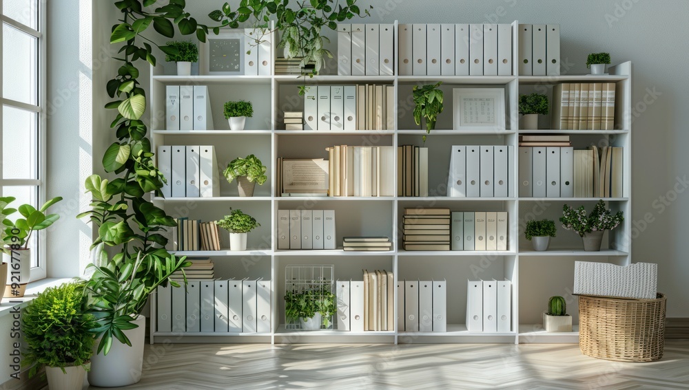 White Bookshelf with Plants and Books White Bookshelf with Plants and Books