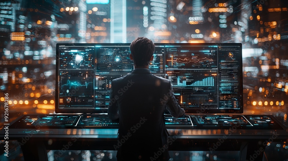Man working in front of a large data screen in a futuristic control room Man working in front of a large data screen in a futuristic control room