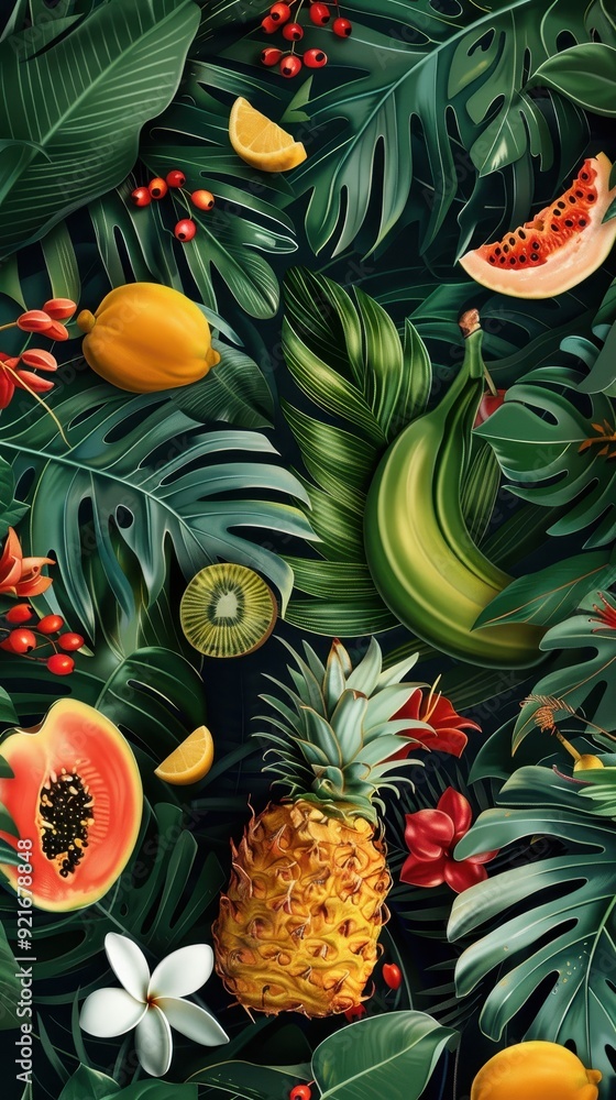 A rich display of tropical fruits nestled among vibrant green leaves, showcasing nature's bounty A rich display of tropical fruits nestled among vibrant green leaves, showcasing nature's bounty
