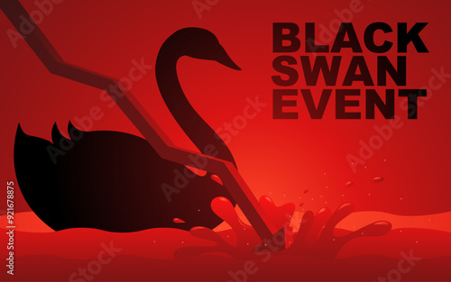 Black swan silhouette with a crashed arrow chart and the text Black Swan Event, unforeseen or unpredictable and catastrophic events in the financial world