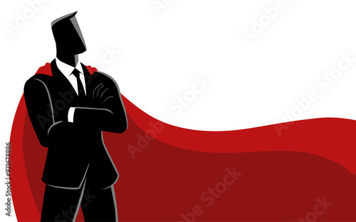Businessman as a superhero, wearing a magnificent red cape and posing gallantly with arms crossed. Symbolize confidence, strength, and exceptional leadership in the corporate world