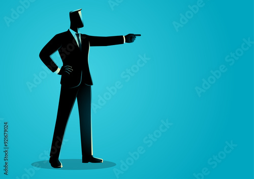 Vector illustration of a businessman standing confidently while pointing his finger. Perfect for leadership and motivational materials, this image symbolize authority, direction, and decisiveness