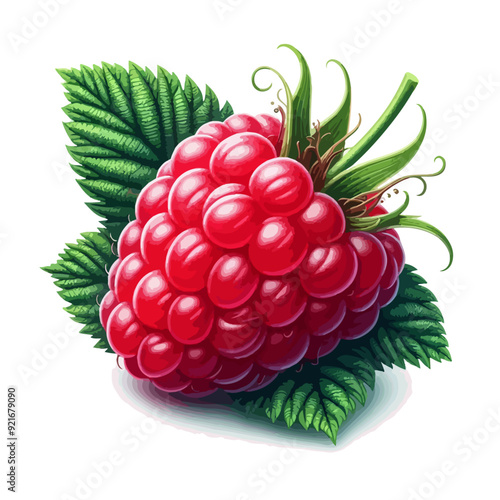 flat vector  illustration of Ripe raspberries with leaf isolated on a white background