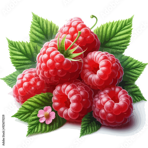 flat vector  illustration of Ripe raspberries with leaf isolated on a white background