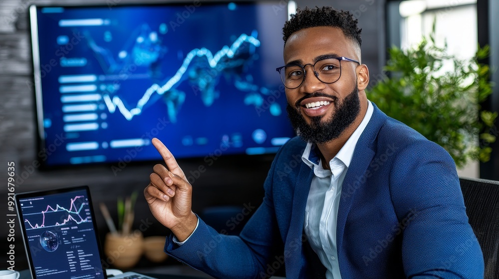 A detailed photo of a startup founder pitching a financial business idea to investors, with a presentation screen in the background. A detailed photo of a startup founder pitching a financial business idea to investors, with a presentation screen in the background.