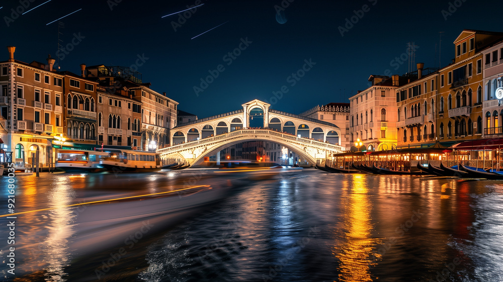 The Rialto Bridge in Venice under the night sky, bright lights from buildings and boat trails creating a picturesque scene The Rialto Bridge in Venice under the night sky, bright lights from buildings and boat trails creating a picturesque scene