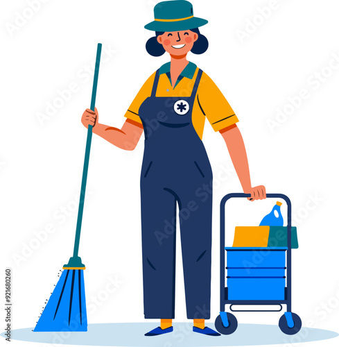Smiling Female Janitor with Cleaning Tools - Vector Illustration