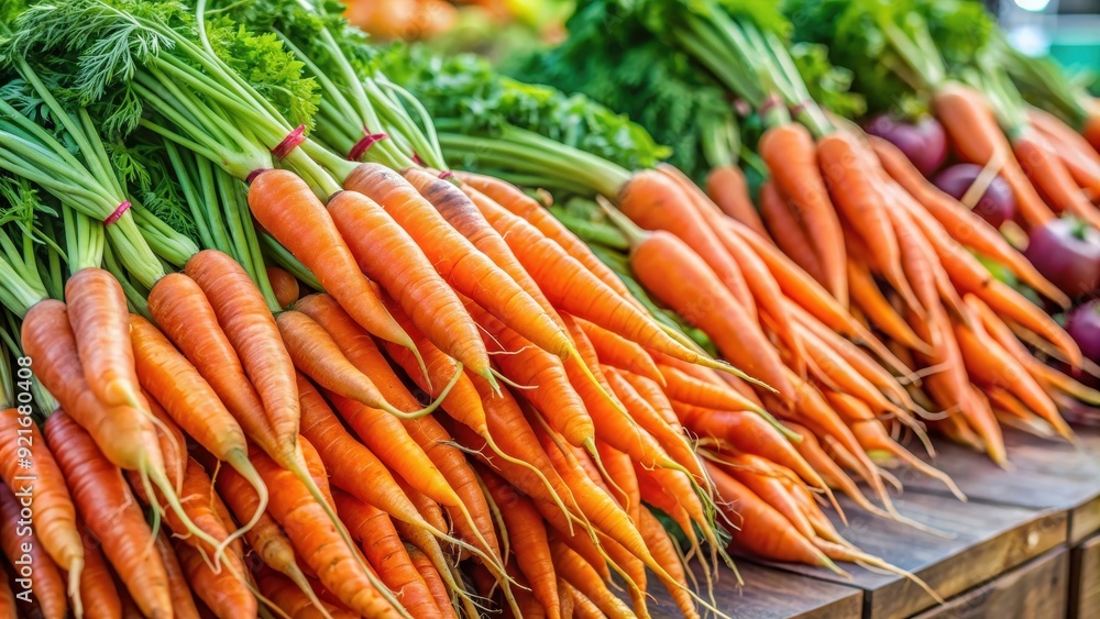 Fresh carrots on display at a farmers market, vegetables, orange, healthy, organic, crunchy, nutritious, agriculture Fresh carrots on display at a farmers market, vegetables, orange, healthy, organic, crunchy, nutritious, agriculture