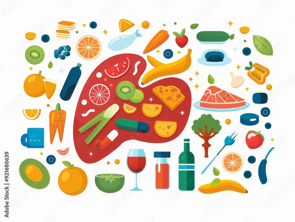 Naklejka premium Create an image of a liver surrounded by healthy f 466 pattern, vector, seamless, illustration, cartoon, design, art, fun, food, set, baby, child, wallpaper, card, color, decoration, summer, beach, h