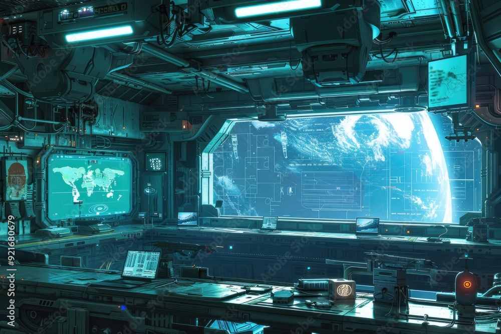 Futuristic Spaceship Interior with Earth View Futuristic Spaceship Interior with Earth View