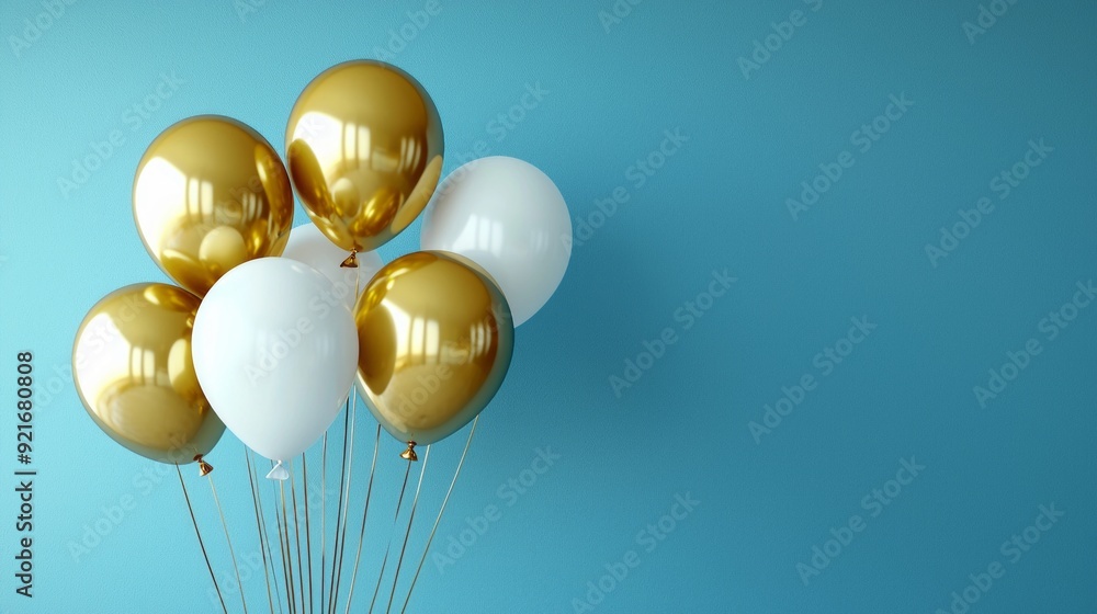 Gold and white balloons floating against a blue background Gold and white balloons floating against a blue background