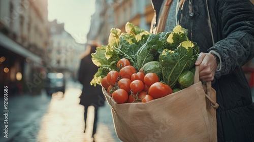 Fototapeta Naklejka Na Ścianę i Meble -  Person holding a bag of fresh vegetables in a city street