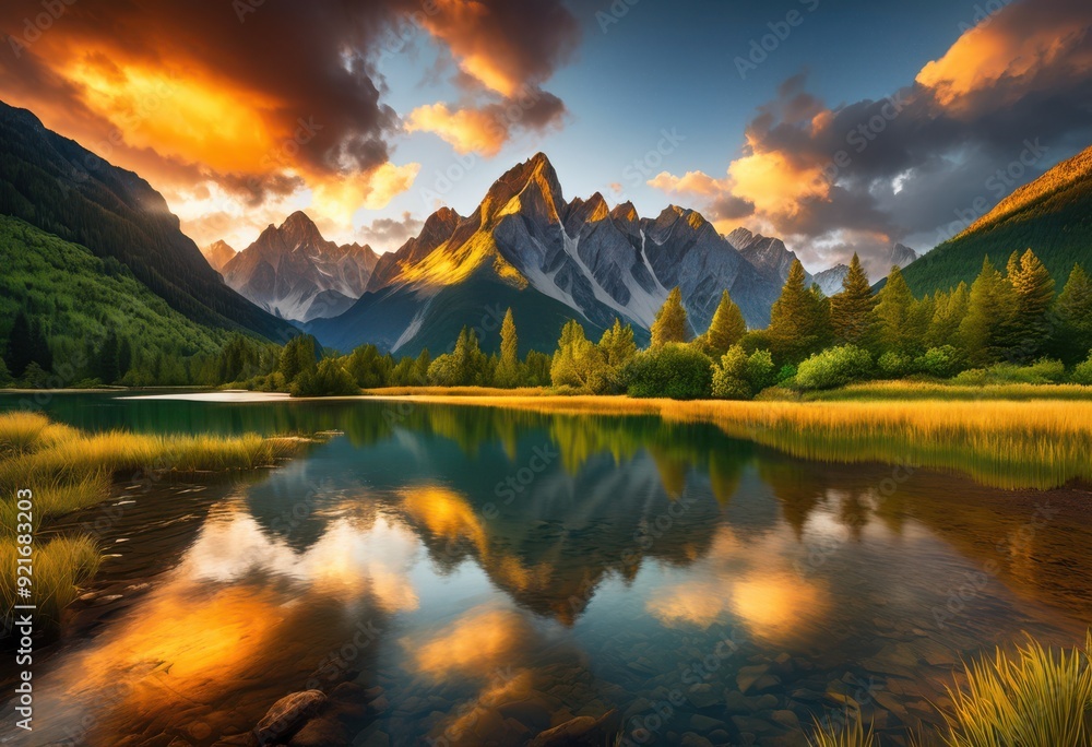 Obraz premium stunning landscape views showcasing unspoiled beauty lush majestic crystal clear waters, nature, greenery, mountain, scenery, sky, lake, forest, river