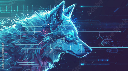 Digital wolf with cybernetic enhancements in a futuristic forest