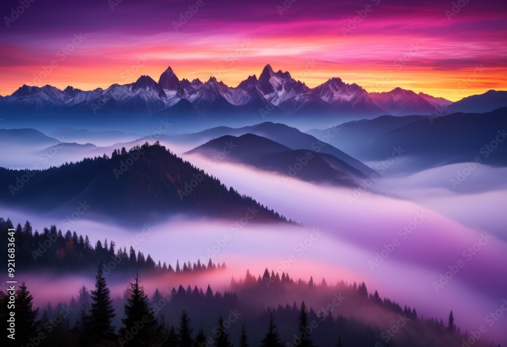 Obraz premium breathtaking sunrise over misty mountains illuminating sky vibrant colors shimmering light, nature, landscape, clouds, scenery, view, beauty, horizon