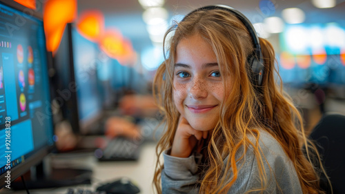 Smiling Young Girl With Headphones Learning In A Modern Computer Classroom