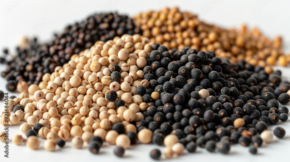 White and black mustard seeds on white background White and black mustard seeds on white background