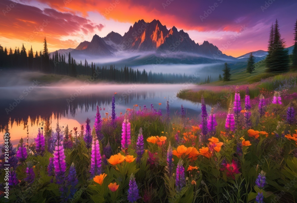 Fototapeta premium breathtaking dawn vistas showcasing majestic mountains under colorful sky vibrant hues purple, sunrise, landscape, scenery, view, peak, range, cloud