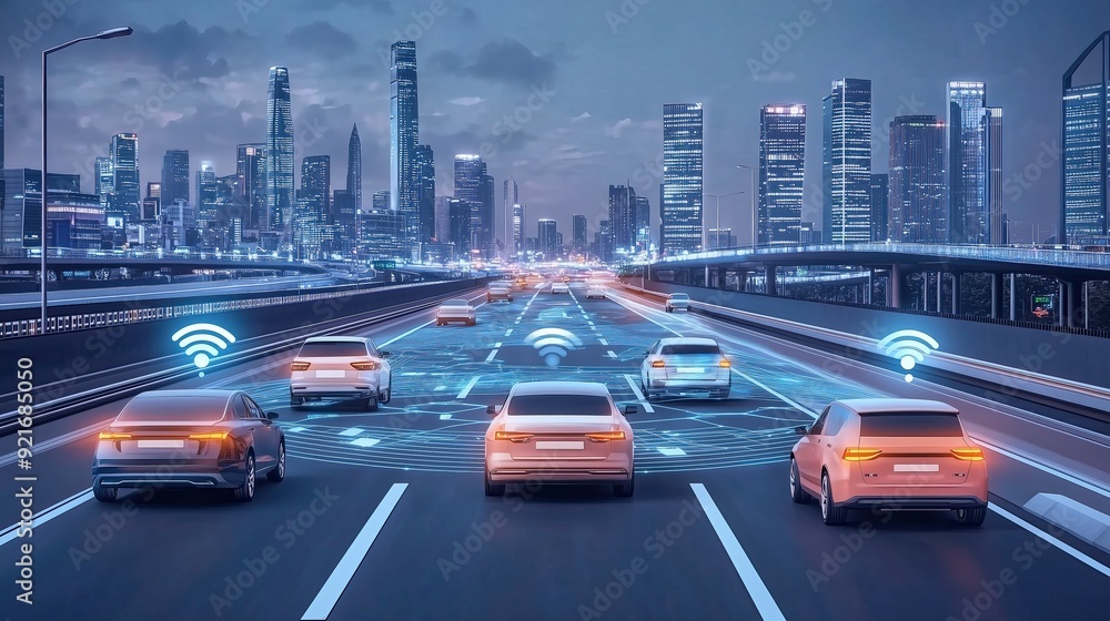 Multiple autonomous vehicles drive seamlessly on a smart highway within a futuristic cityscape, showcasing connected and intelligent driving technology in an advanced urban environment. Multiple autonomous vehicles drive seamlessly on a smart highway within a futuristic cityscape, showcasing connected and intelligent driving technology in an advanced urban environment.