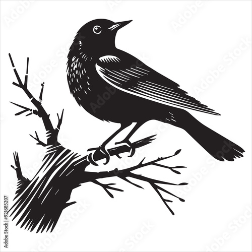 Eurasian blackbird silhouette,  Blackbird Clipart, common blackbird perched sideways tree trunk illustration in black and white