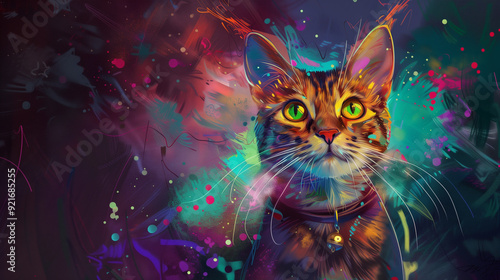 Artistic depiction of a cat with vibrant colors and abstract background