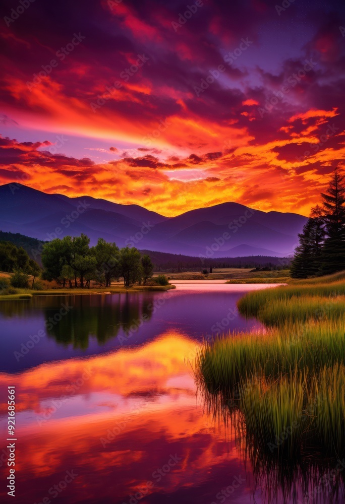 Obraz premium stunning sunset illuminated landscapes showcasing vibrant colors natural beauty majestic views, glow, nature, sky, clouds, horizon, scenery, light, evening