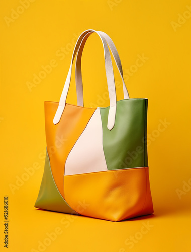 Colorful female leather bag isolated on a yellow background. Minimalistic style. Concept of handmade fashion accessories, handicraft products. photo