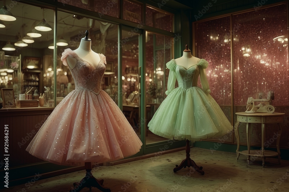 Obraz premium Two vintage dresses in a store window display.