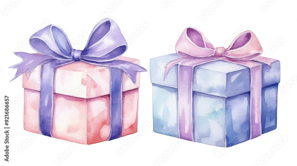Obraz premium Charming watercolor gift boxes with delicate pink and blue ribbons, perfect for festive occasions, holiday promotions, and gift-themed marketing.