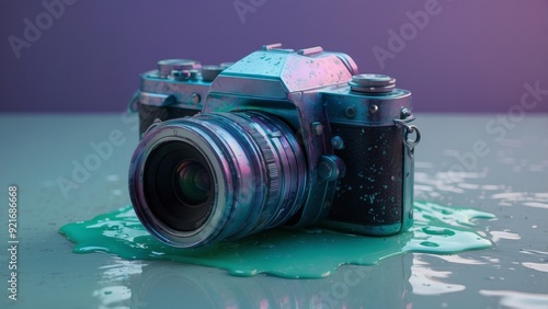 A vintage camera submerged in a teal liquid, reflecting the surrounding lights. photo