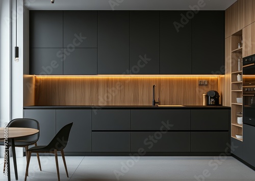 Modern Kitchen Interior with Sleek Design and Wooden Accents