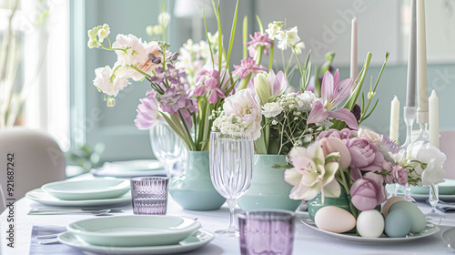 Easter tablescape decoration, floral holiday table decor for family celebration, spring flowers, Easter eggs, Easter bunny and vintage dinnerware, English country and home styling
