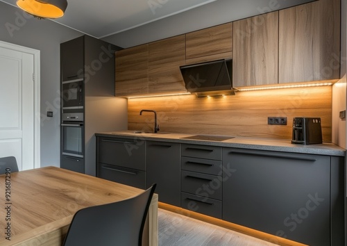Modern Kitchen Interior with Sleek Design and Wooden Accents