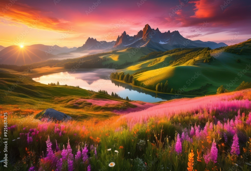 Fototapeta premium breathtaking landscapes illuminated morning light vibrant colors stunning views, nature, sunrise, scenery, mountains, hills, sky, clouds, trees, river