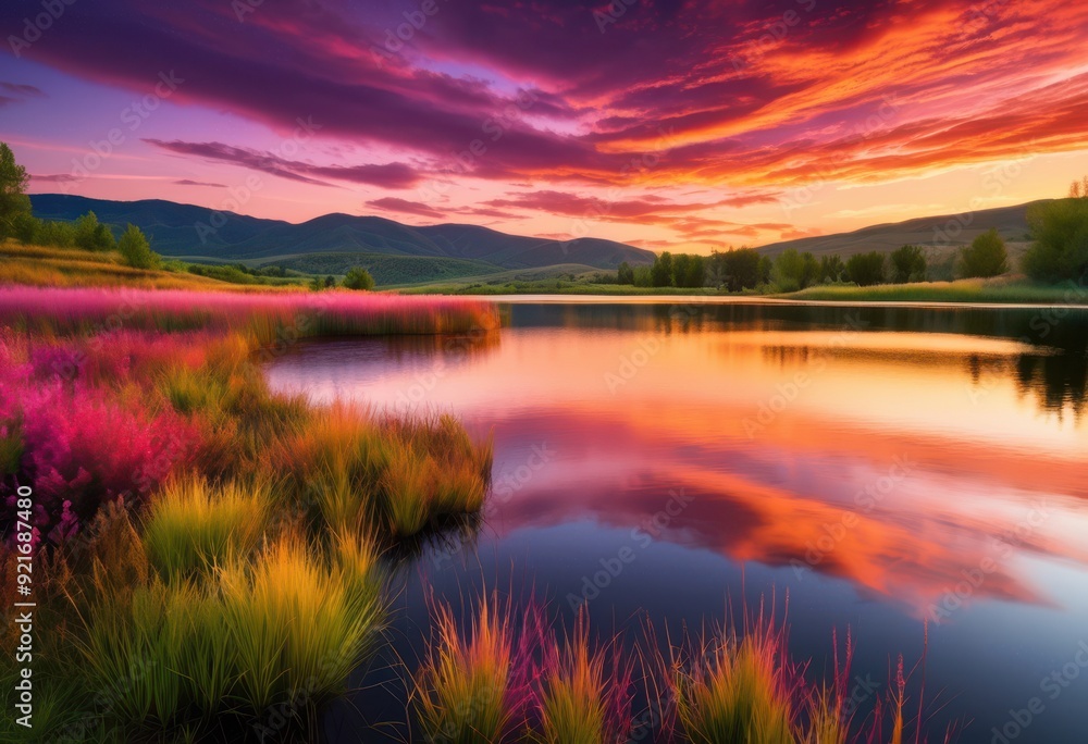 Obraz premium vibrant sunset hues over tranquil landscape rich colors serene natural beauty, aesthetic, ambiance, beautiful, charm, colorful, dusk, evening, glow, gradient