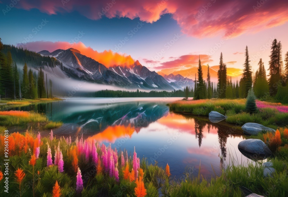 Fototapeta premium stunning dawn landscapes showcasing majestic serene vibrant skies splendor, adventure, mountain, lake, sky, nature, sunrise, scenery, horizon, view