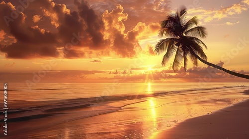 beautiful beach sunset with palm on a seamless background