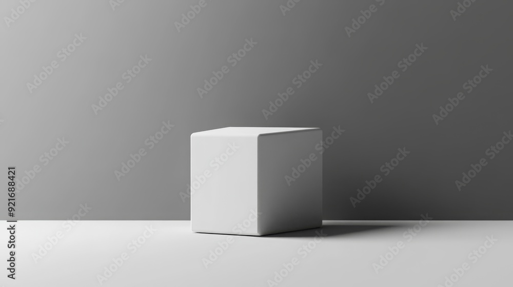 A single white cube sits on a white surface against a gray wall, casting a subtle shadow. A single white cube sits on a white surface against a gray wall, casting a subtle shadow.