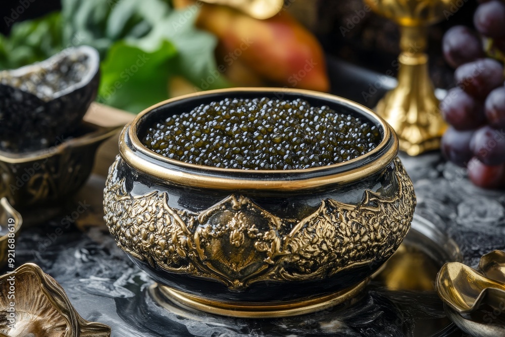 Fototapeta premium A close-up of a bowl of black caviar, showcasing its rich texture and luxurious appeal. The bowl is adorned with intricate gold detailing