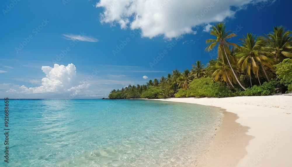 Fototapeta premium Tropical white sand beach in Caribbean island with coconut trees 1